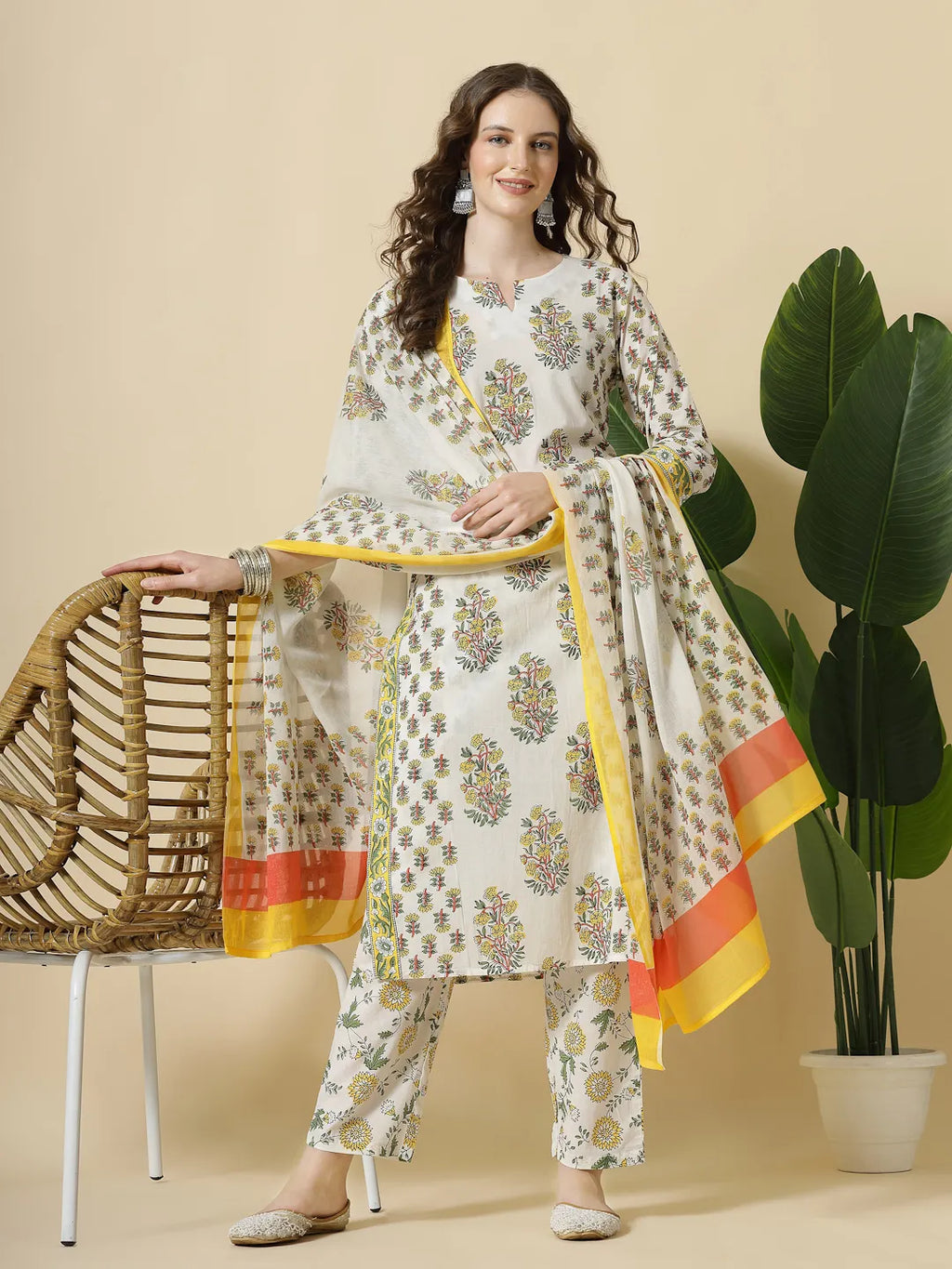 Yufta White And Yellow Floral Print Cotton Sequins Work Kurta Set With Pant & Dupatta | Grocsy