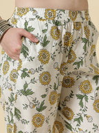 Yufta White And Yellow Floral Print Cotton Sequins Work Kurta Set With Pant & Dupatta | Grocsy