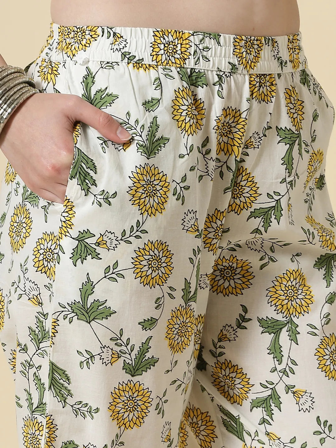 Yufta White And Yellow Floral Print Cotton Sequins Work Kurta Set With Pant & Dupatta | Grocsy