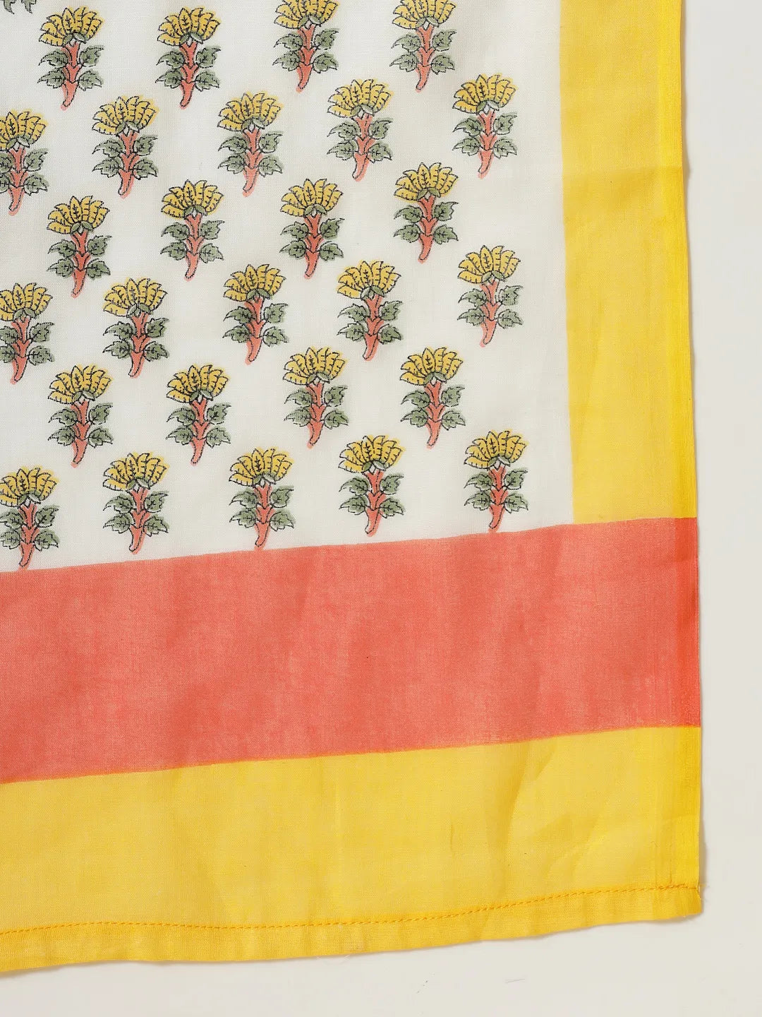 Yufta White And Yellow Floral Print Cotton Sequins Work Kurta Set With Pant & Dupatta | Grocsy