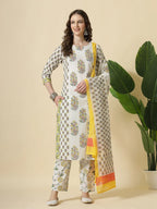 Yufta White And Yellow Floral Print Cotton Sequins Work Kurta Set With Pant & Dupatta | Grocsy