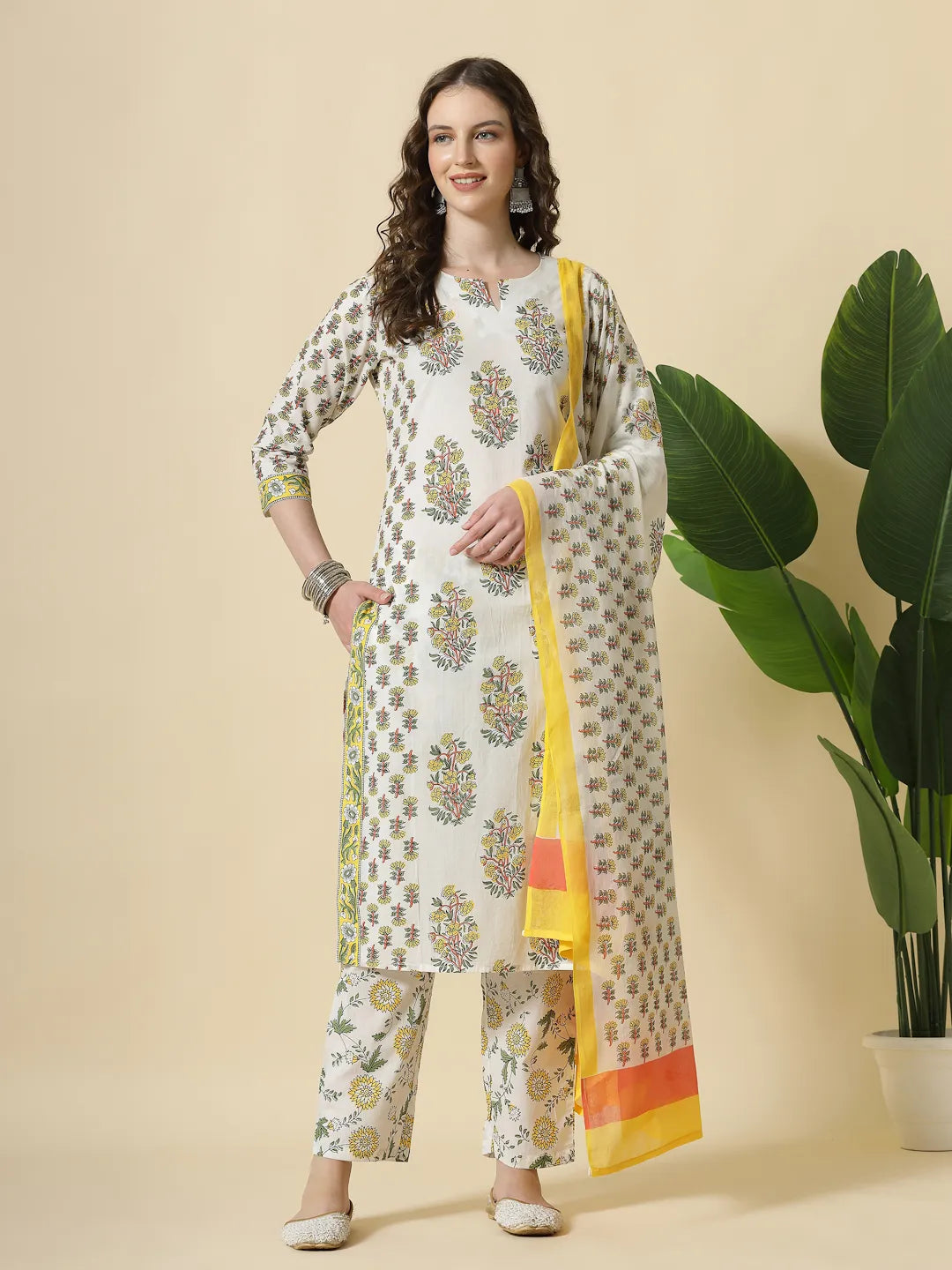 Yufta White And Yellow Floral Print Cotton Sequins Work Kurta Set With Pant & Dupatta | Grocsy