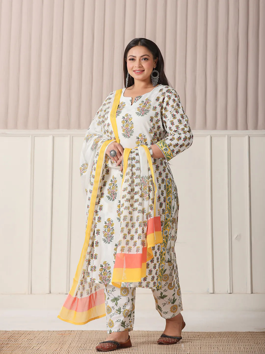 Yufta White And Yellow Floral Print Cotton Sequins Work Plus Size Kurta Set With Pant & Dupatta | Grocsy