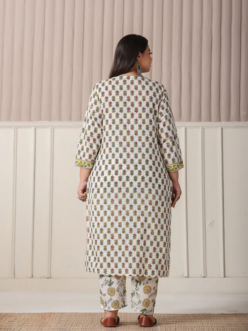 Yufta White And Yellow Floral Print Cotton Sequins Work Plus Size Kurta Set With Pant & Dupatta | Grocsy