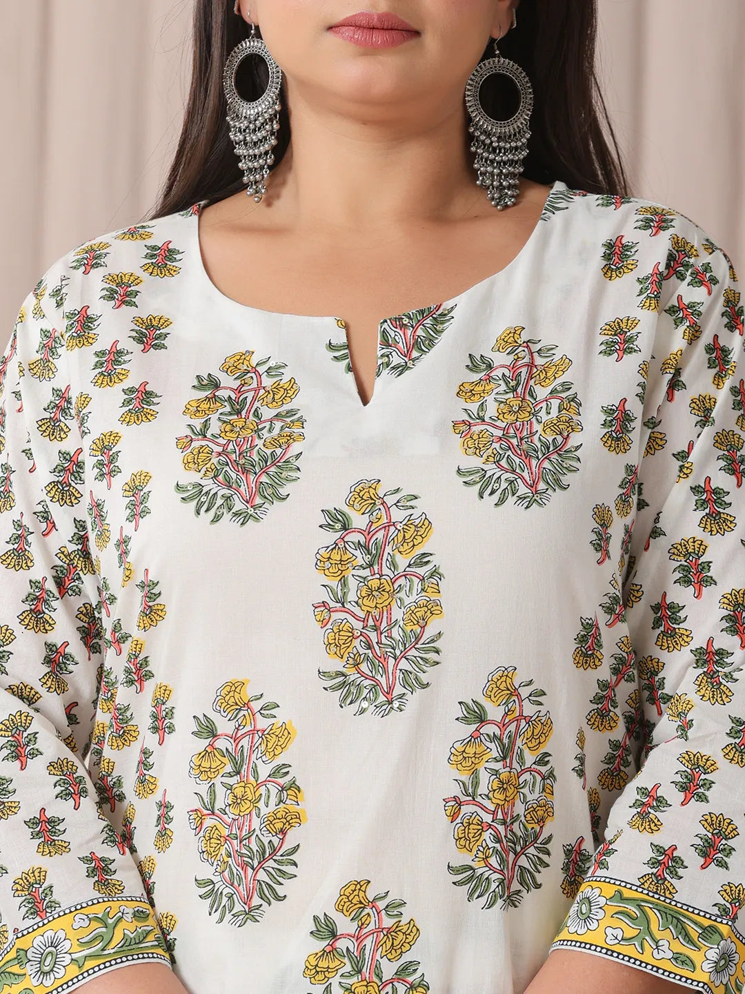 Yufta White And Yellow Floral Print Cotton Sequins Work Plus Size Kurta Set With Pant & Dupatta | Grocsy