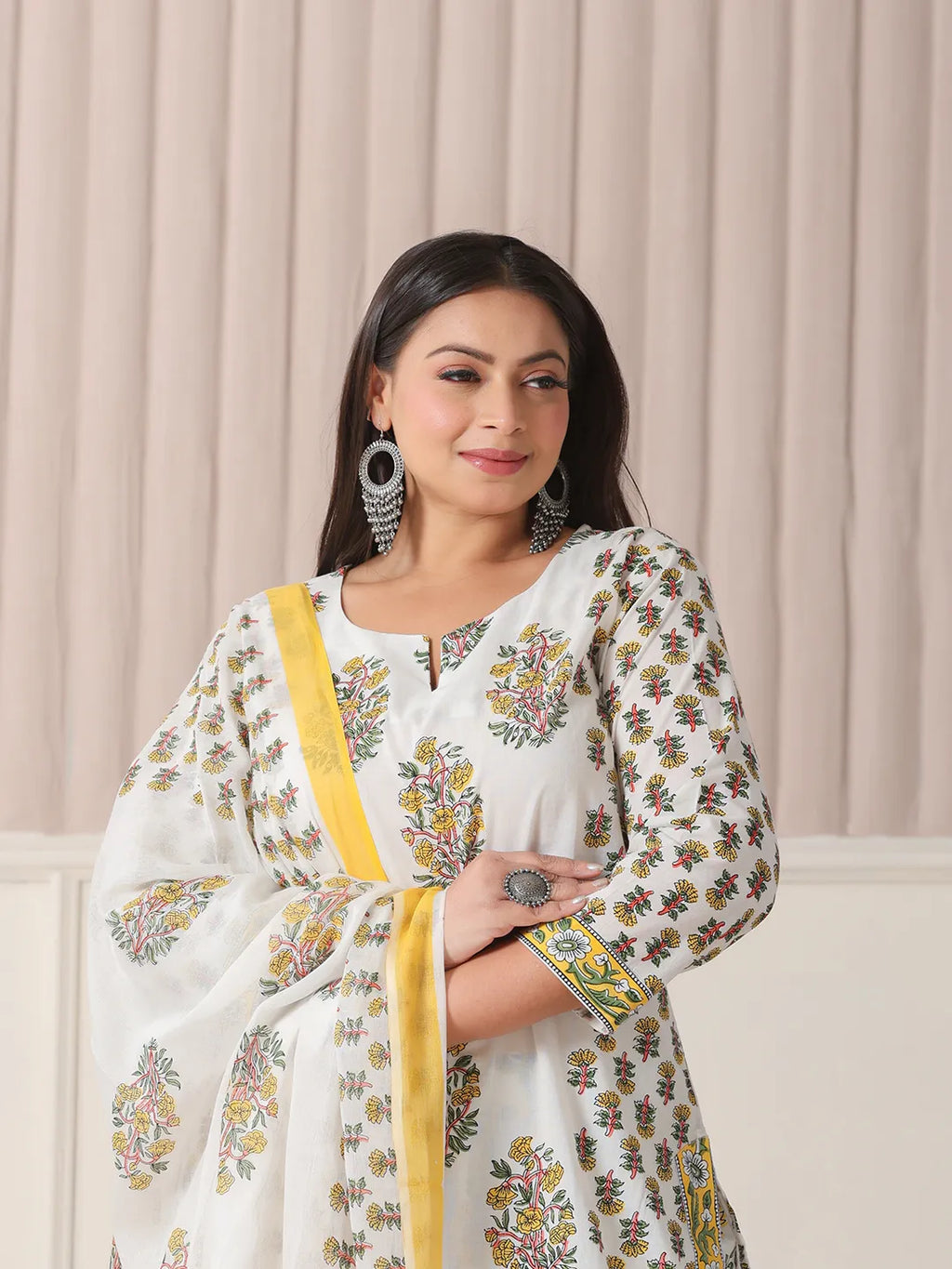 Yufta White And Yellow Floral Print Cotton Sequins Work Plus Size Kurta Set With Pant & Dupatta | Grocsy