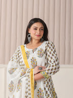 Yufta White And Yellow Floral Print Cotton Sequins Work Plus Size Kurta Set With Pant & Dupatta | Grocsy