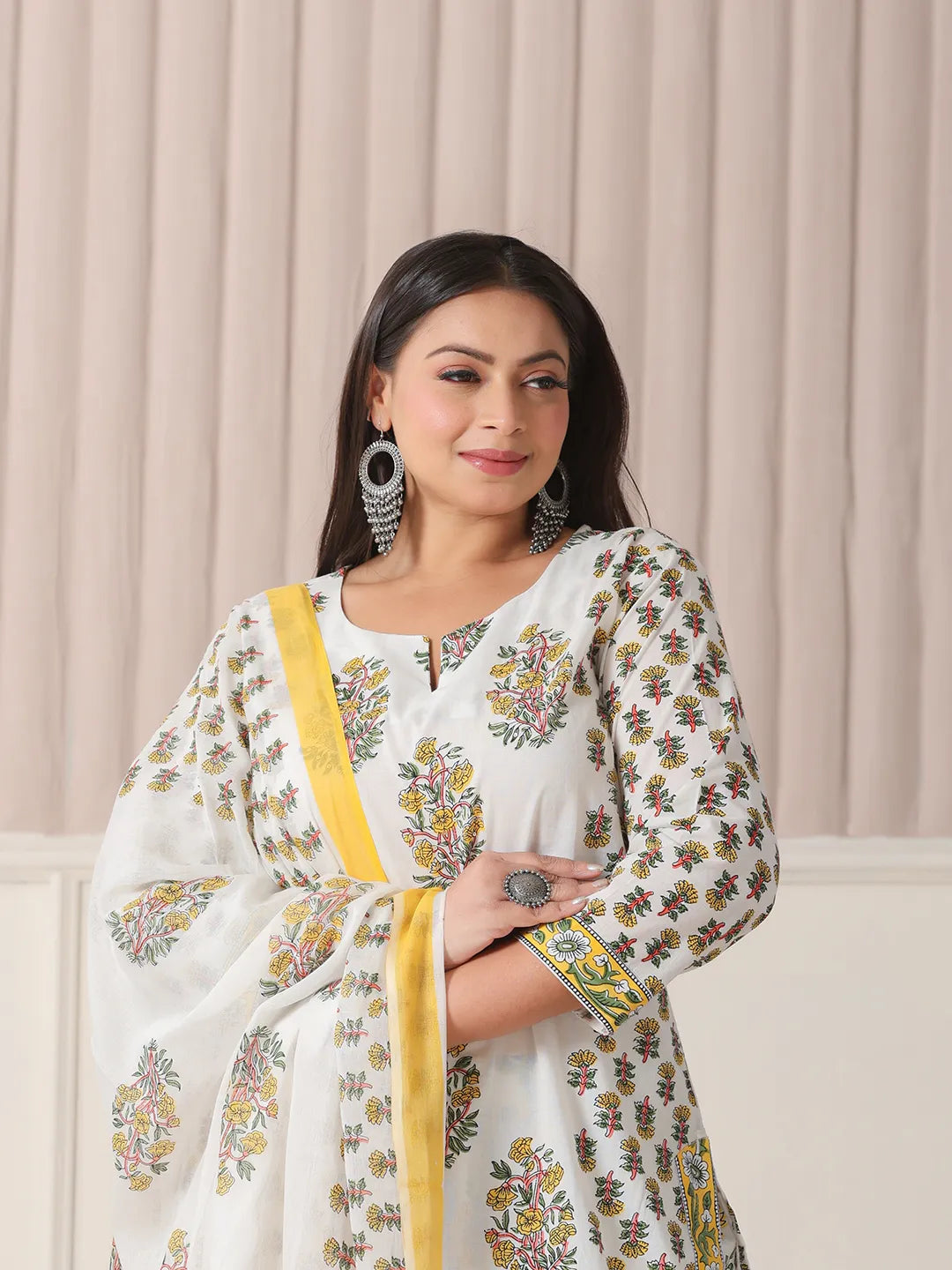 Yufta White And Yellow Floral Print Cotton Sequins Work Plus Size Kurta Set With Pant & Dupatta | Grocsy