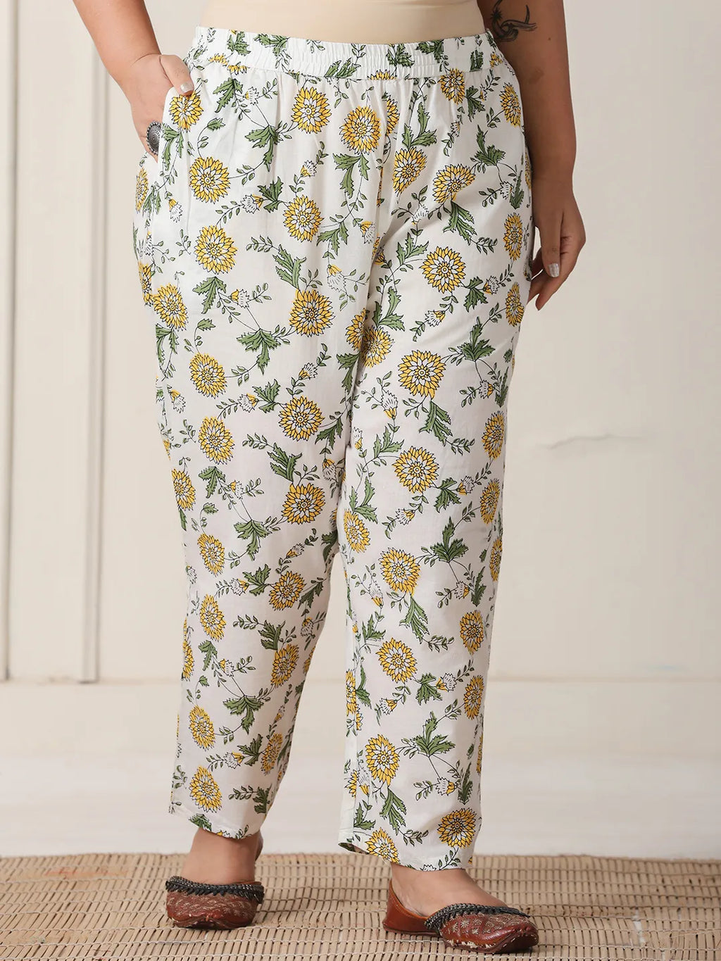 Yufta White And Yellow Floral Print Cotton Sequins Work Plus Size Kurta Set With Pant & Dupatta | Grocsy