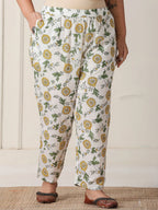 Yufta White And Yellow Floral Print Cotton Sequins Work Plus Size Kurta Set With Pant & Dupatta | Grocsy