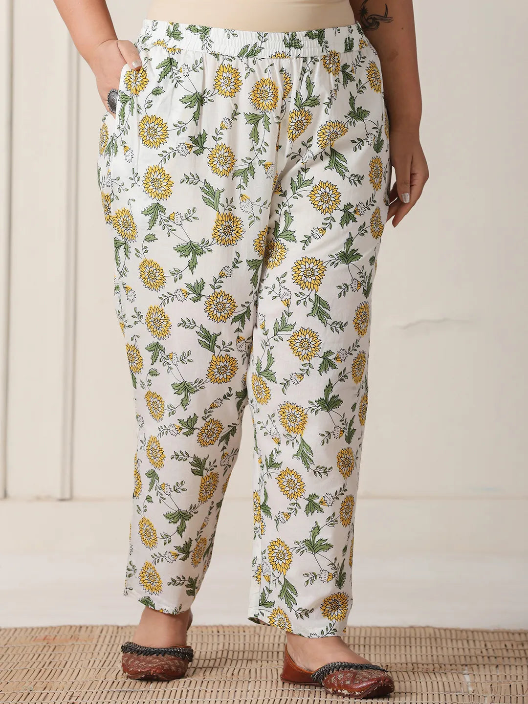 Yufta White And Yellow Floral Print Cotton Sequins Work Plus Size Kurta Set With Pant & Dupatta | Grocsy
