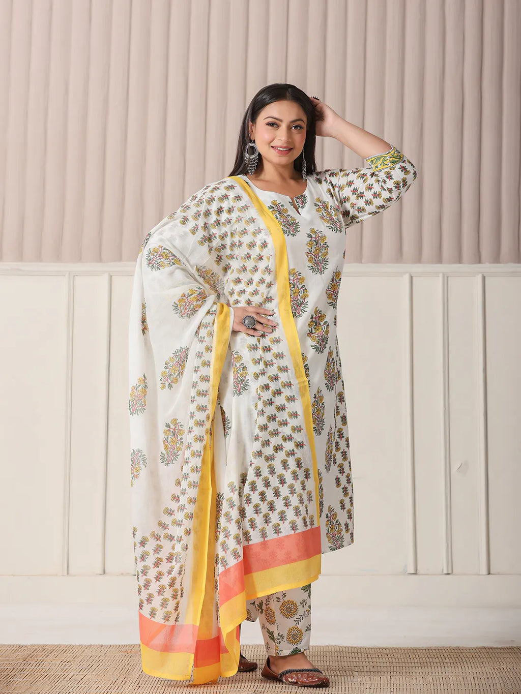 Yufta White And Yellow Floral Print Cotton Sequins Work Plus Size Kurta Set With Pant & Dupatta | Grocsy