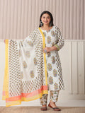 Yufta White And Yellow Floral Print Cotton Sequins Work Plus Size Kurta Set With Pant & Dupatta | Grocsy
