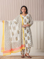 Yufta White And Yellow Floral Print Cotton Sequins Work Plus Size Kurta Set With Pant & Dupatta | Grocsy