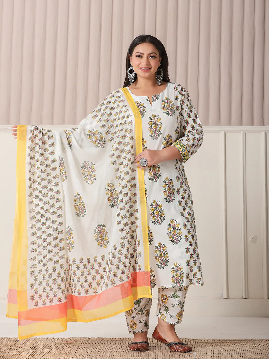 Yufta White And Yellow Floral Print Cotton Sequins Work Plus Size Kurta Set With Pant & Dupatta | Grocsy