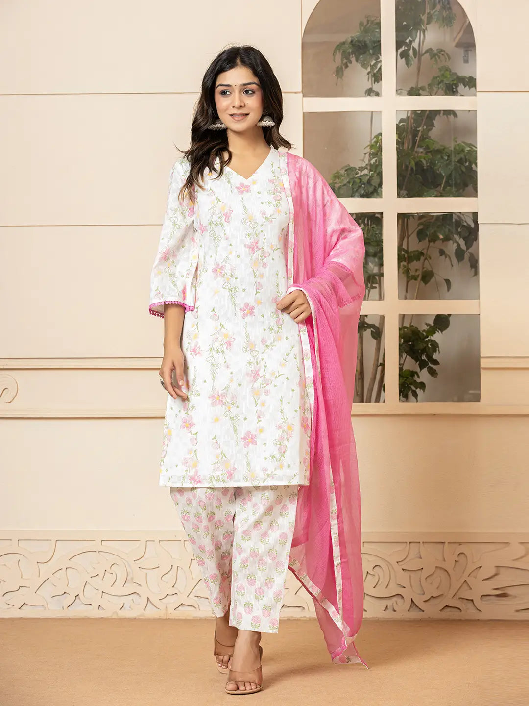 Yufta White Cotton Floral Print Kurta Dupatta Set | Grocsy