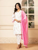 Yufta White Cotton Floral Print Kurta Dupatta Set | Grocsy