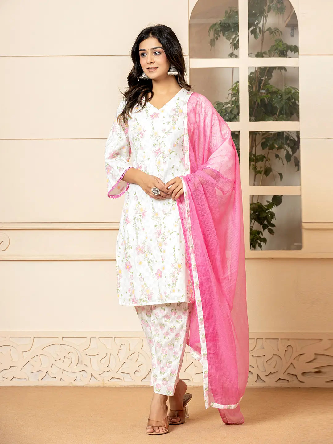 Yufta White Cotton Floral Print Kurta Dupatta Set | Grocsy