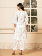 Yufta White Cotton Floral Print Kurta Dupatta Set | Grocsy