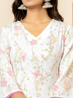 Yufta White Cotton Floral Print Kurta Dupatta Set | Grocsy