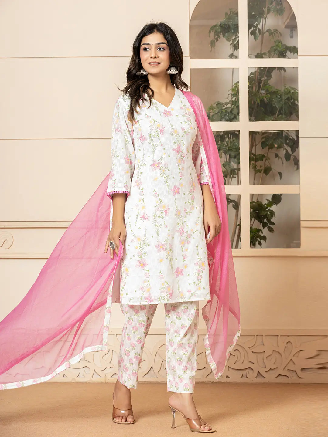 Yufta White Cotton Floral Print Kurta Dupatta Set | Grocsy