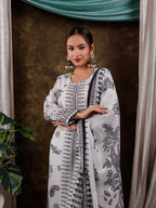 Yufta White Cotton Straight Paisley Kurta Dupatta Pant Set | Grocsy