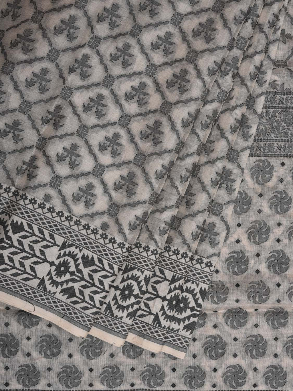 White Cut Work Cotton Handloom Saree with All Over Jamdani Style Design - Global Threads | Grocsy