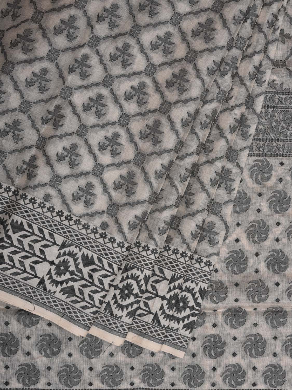 White Cut Work Cotton Handloom Saree with All Over Jamdani Style Design - Global Threads | Grocsy