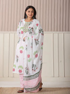 Yufta White Floral Print Cotton Show Button On Yoke Plus Size Kurta Set With Pant & Dupatta | Grocsy