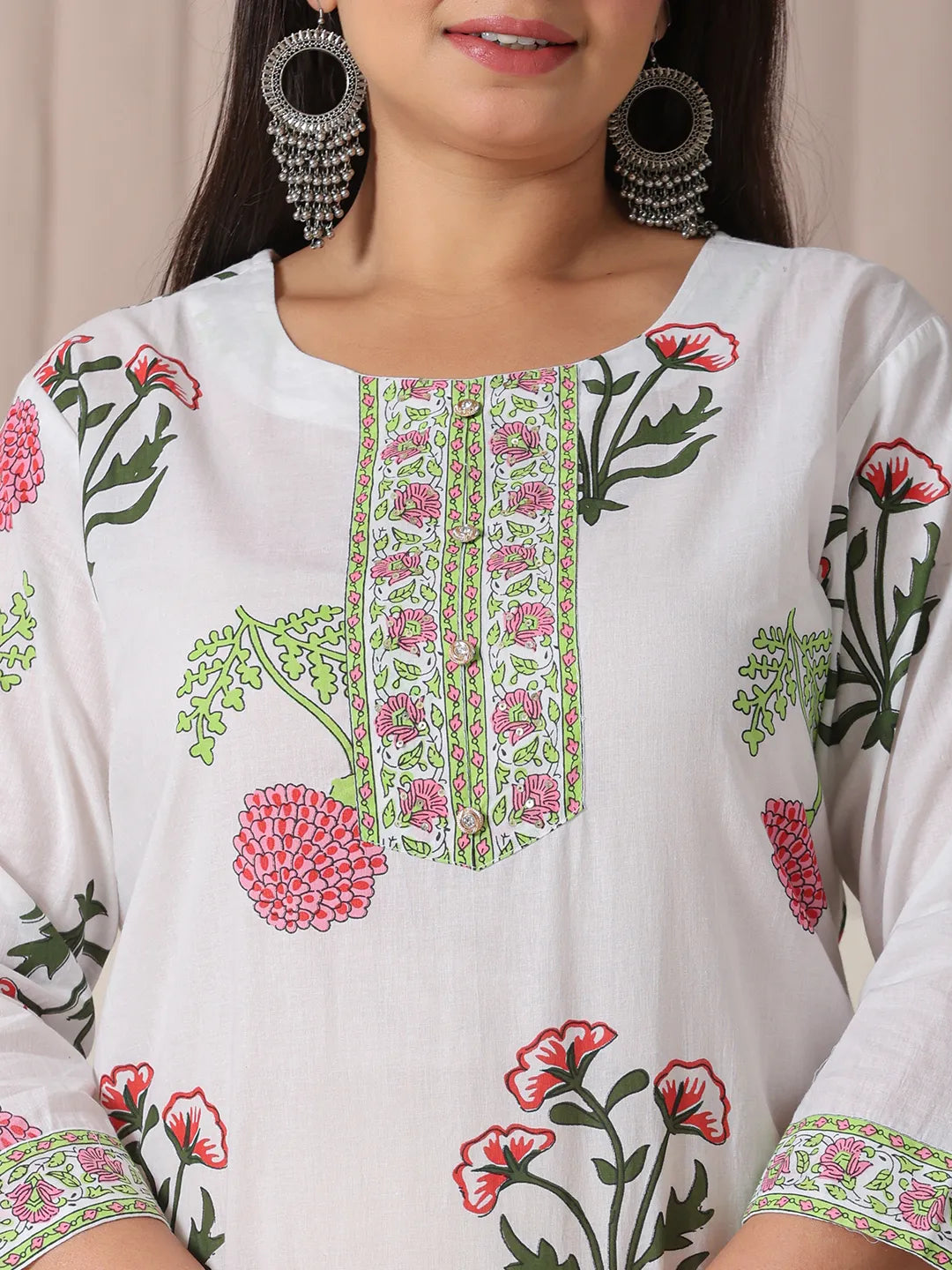 Yufta White Floral Print Cotton Show Button On Yoke Plus Size Kurta Set With Pant & Dupatta | Grocsy