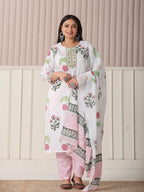 Yufta White Floral Print Cotton Show Button On Yoke Plus Size Kurta Set With Pant & Dupatta | Grocsy