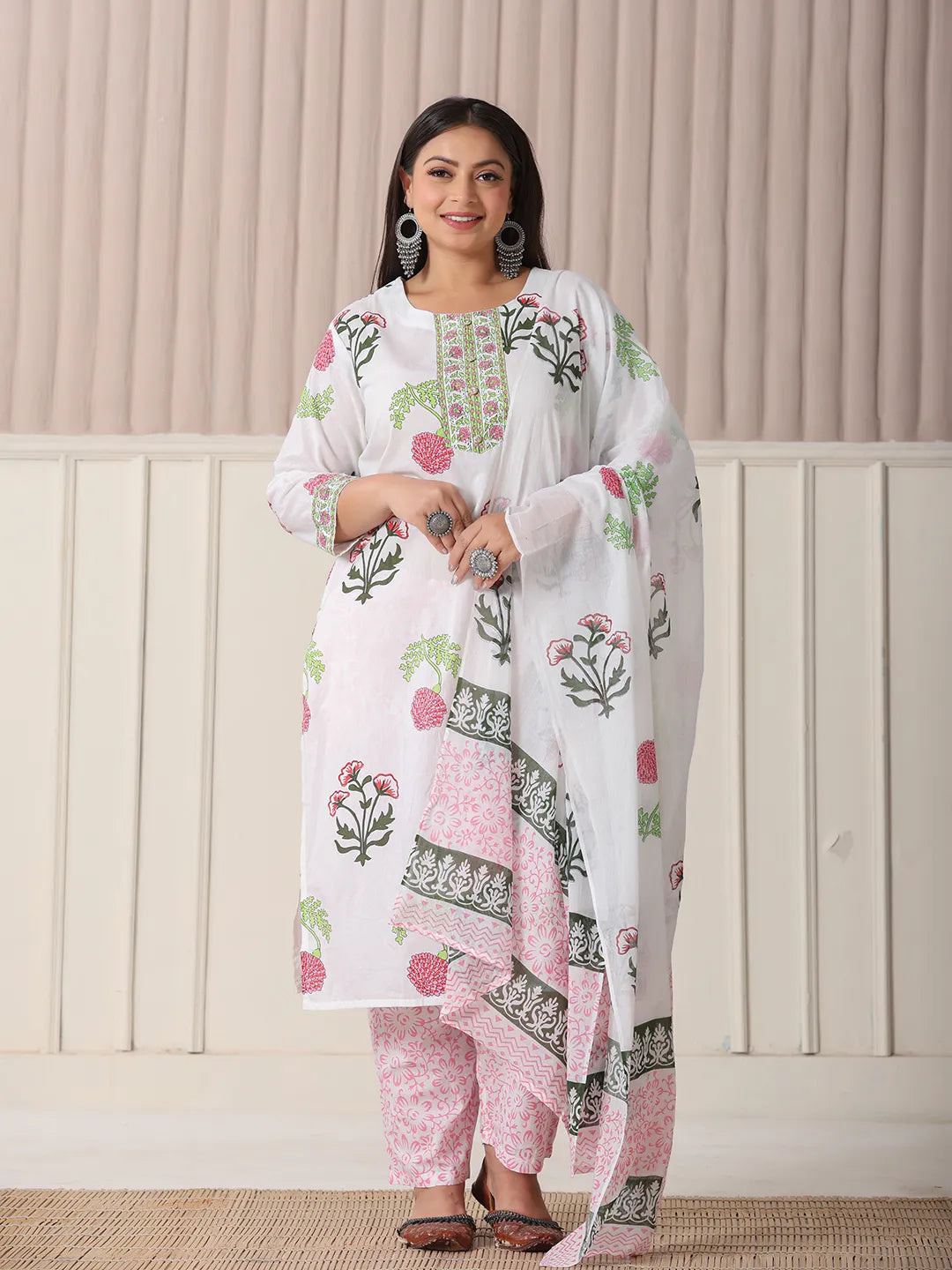 Yufta White Floral Print Cotton Show Button On Yoke Plus Size Kurta Set With Pant & Dupatta | Grocsy
