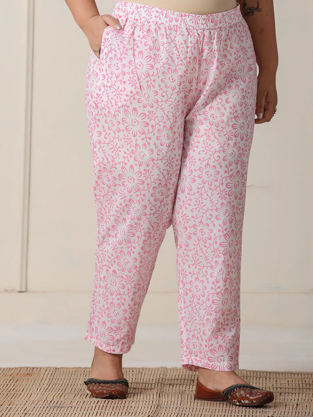 Yufta White Floral Print Cotton Show Button On Yoke Plus Size Kurta Set With Pant & Dupatta | Grocsy