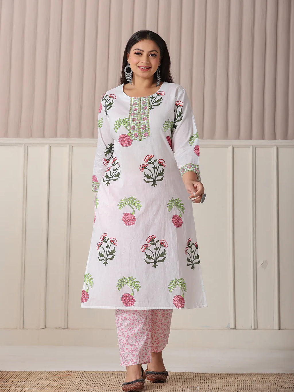 Yufta White Floral Print Cotton Show Button On Yoke Plus Size Kurta Set With Pant & Dupatta | Grocsy