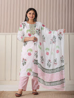 Yufta White Floral Print Cotton Show Button On Yoke Plus Size Kurta Set With Pant & Dupatta | Grocsy