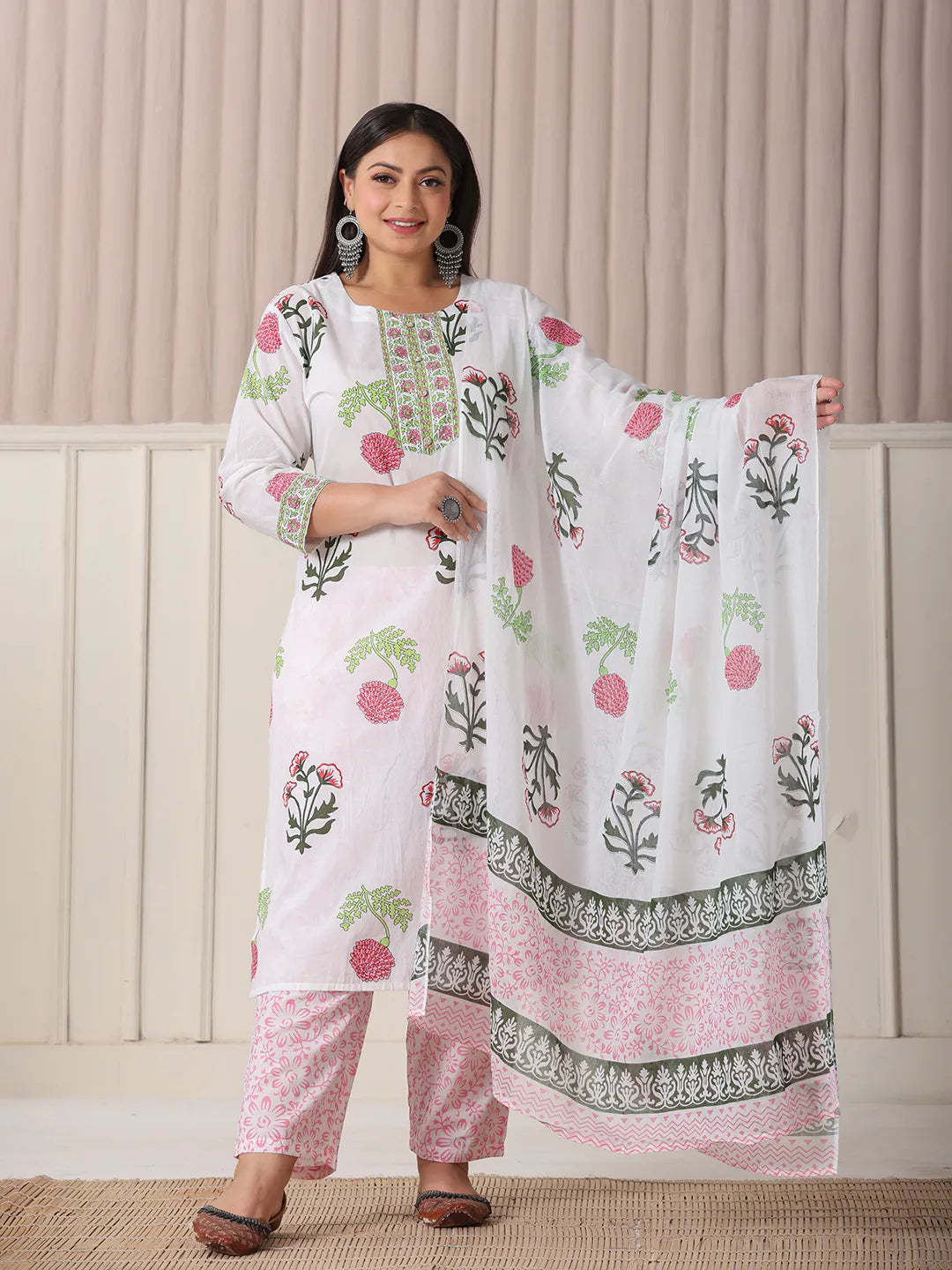 Yufta White Floral Print Cotton Show Button On Yoke Plus Size Kurta Set With Pant & Dupatta | Grocsy