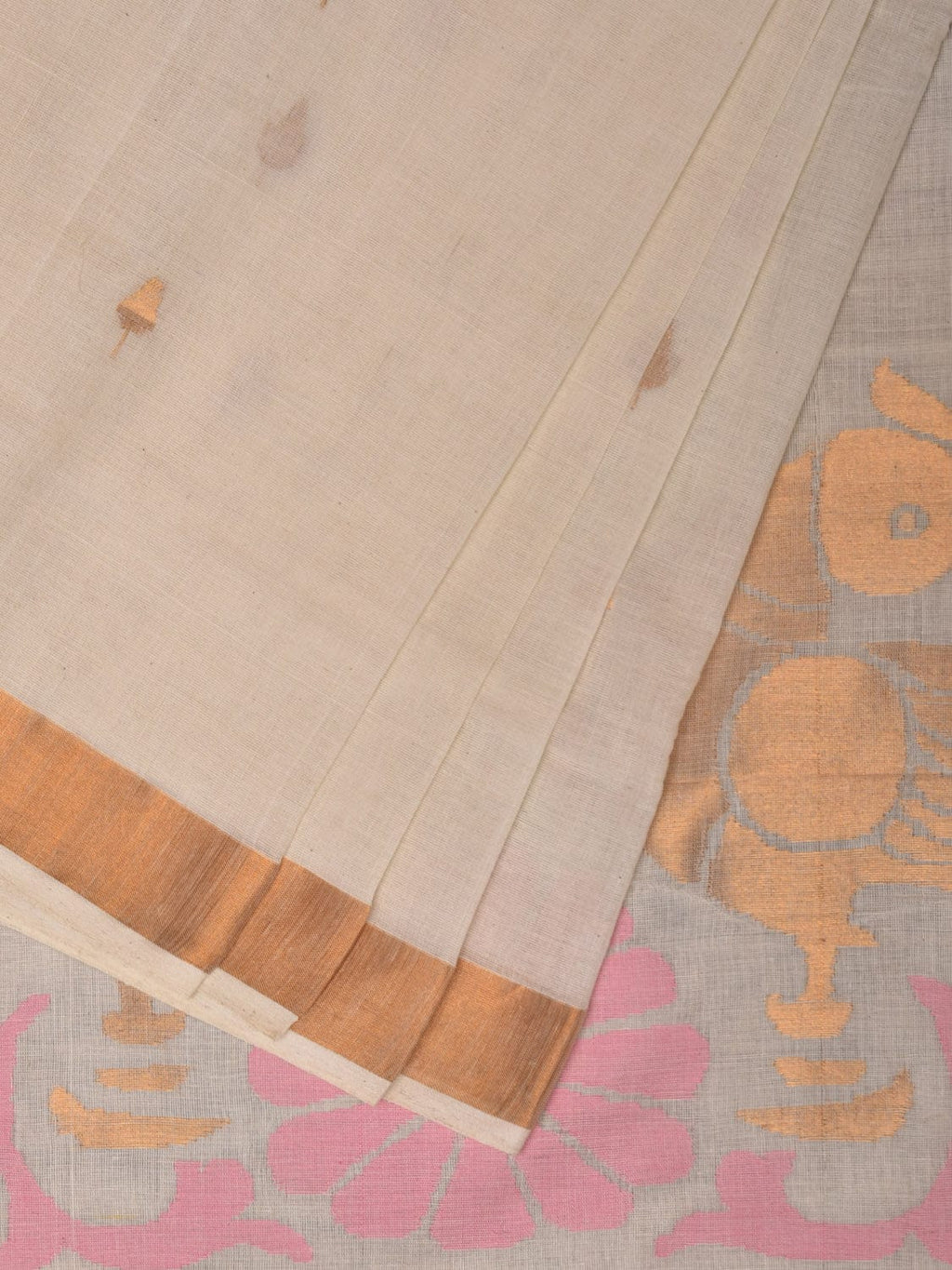 White Khadi Cotton Handloom Saree with Parrots Pallu Design - Global Threads | Grocsy