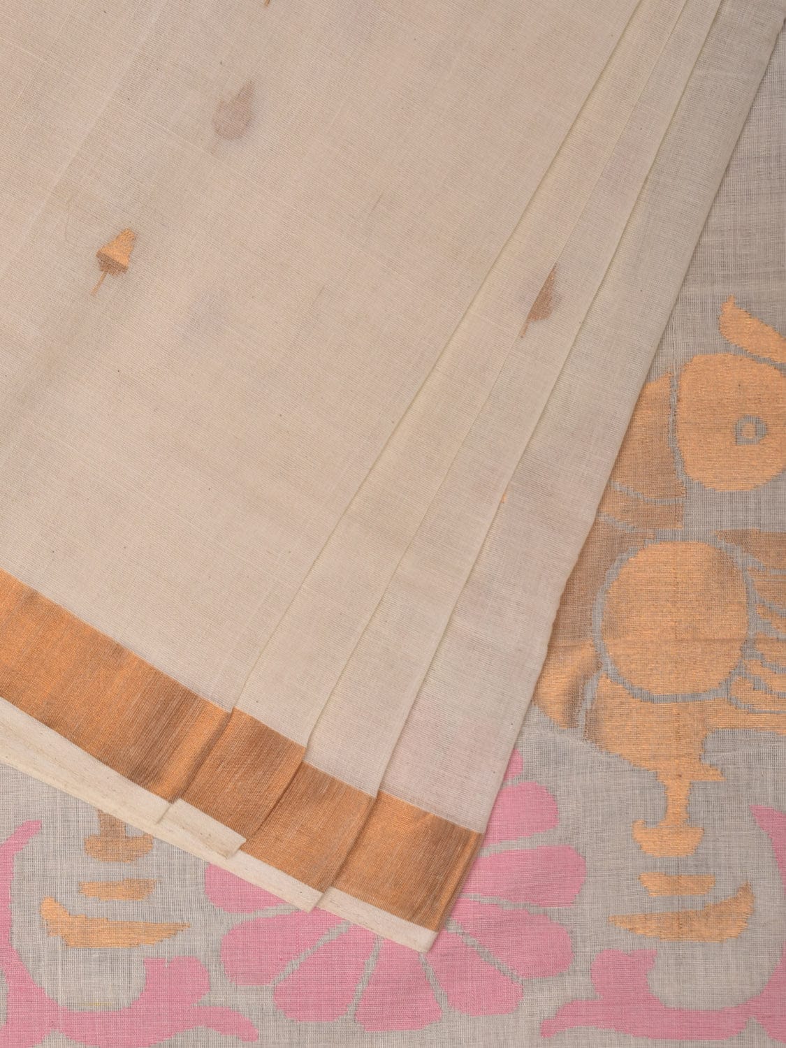 White Khadi Cotton Handloom Saree with Parrots Pallu Design - Global Threads | Grocsy