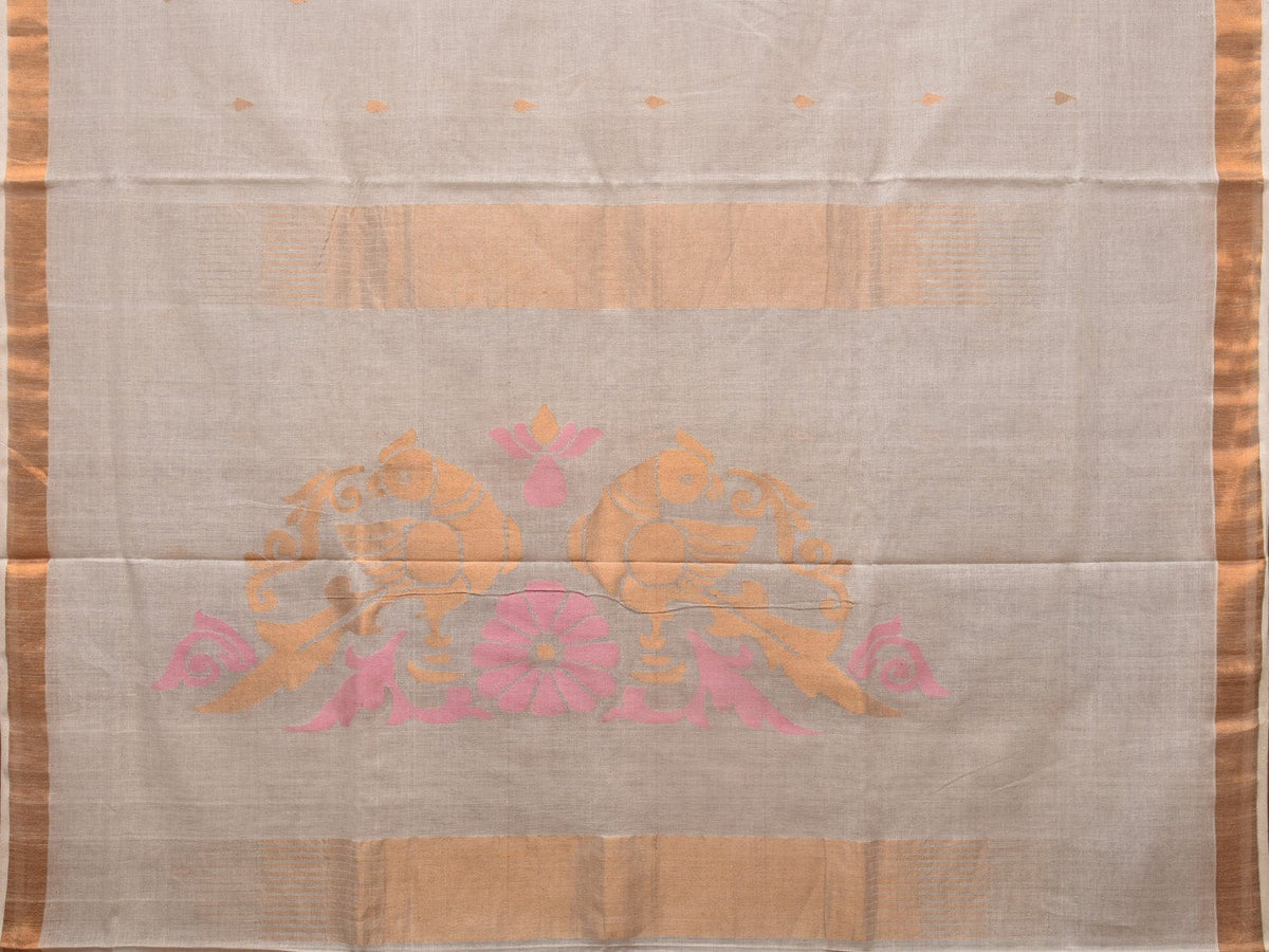White Khadi Cotton Handloom Saree with Parrots Pallu Design - Global Threads | Grocsy