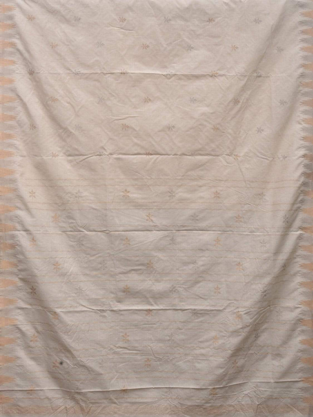 White Khadi Cotton Handloom Saree with Temple Border and Buta Design - Global Threads | Grocsy
