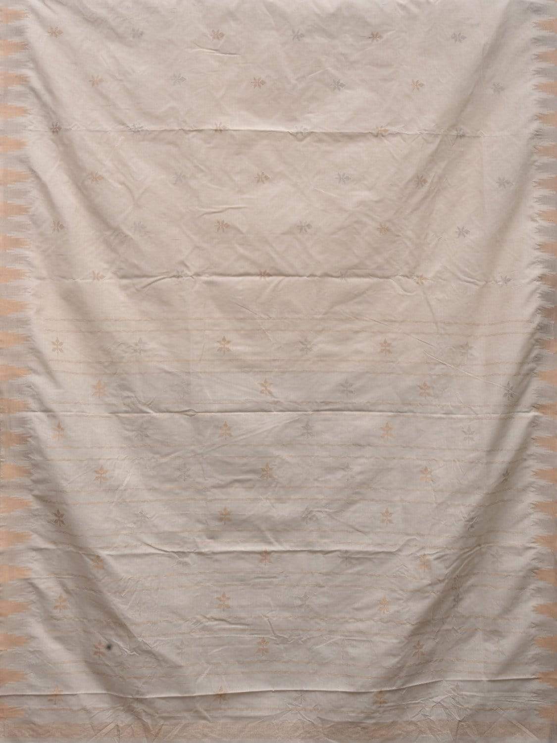 White Khadi Cotton Handloom Saree with Temple Border and Buta Design - Global Threads | Grocsy