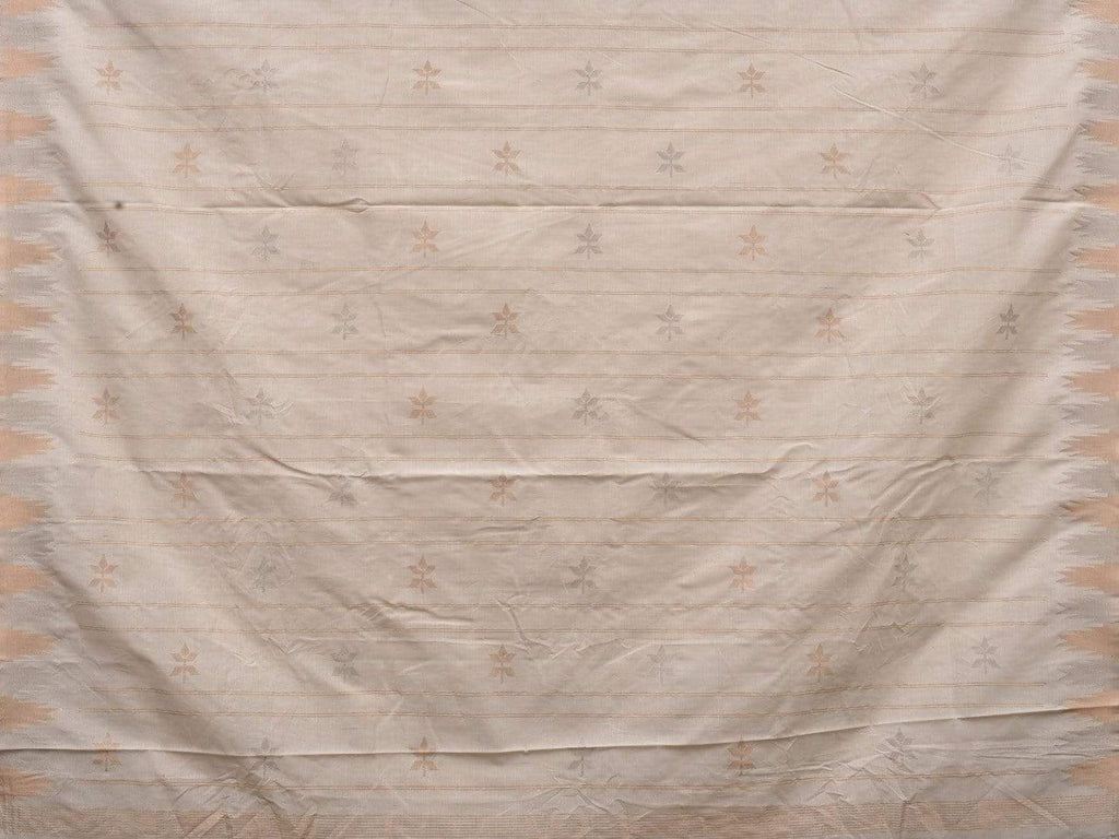 White Khadi Cotton Handloom Saree with Temple Border and Buta Design - Global Threads | Grocsy