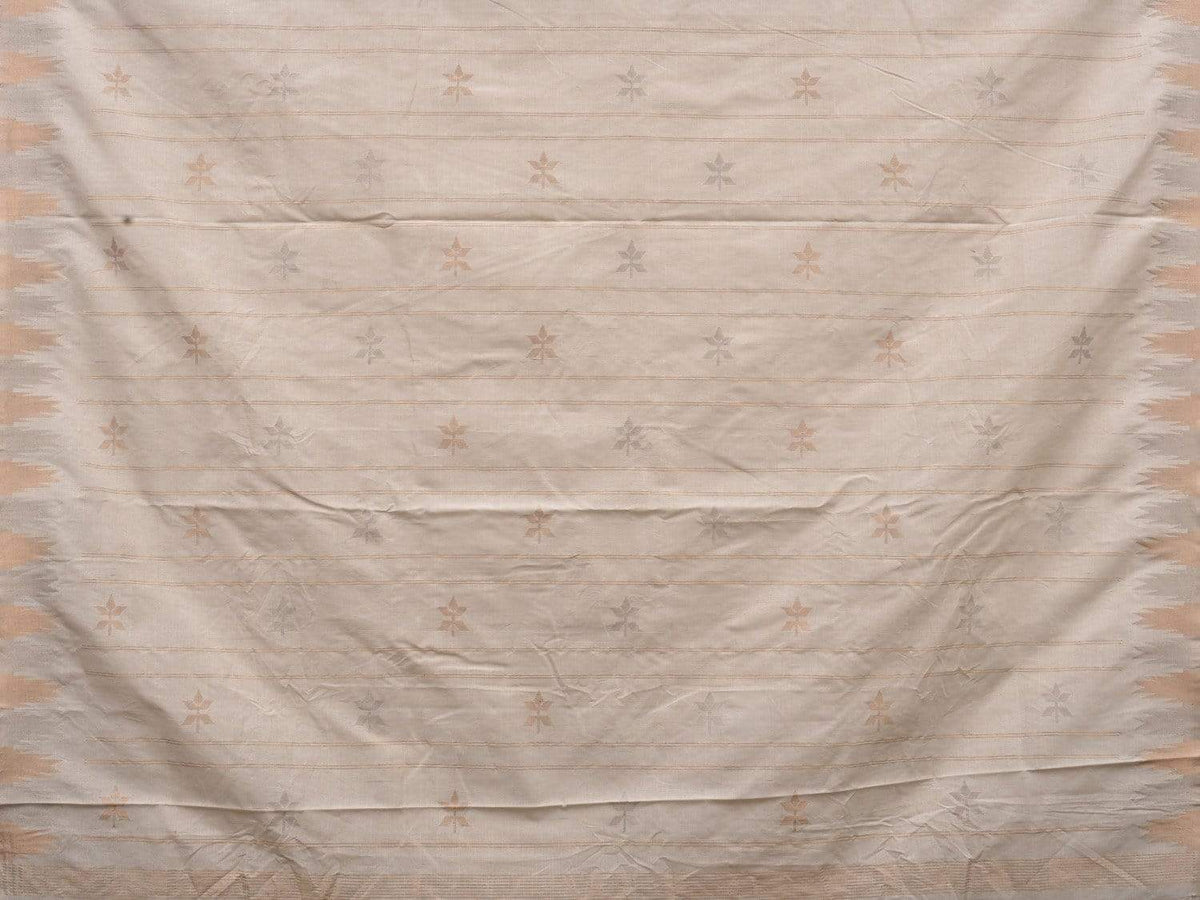 White Khadi Cotton Handloom Saree with Temple Border and Buta Design - Global Threads | Grocsy
