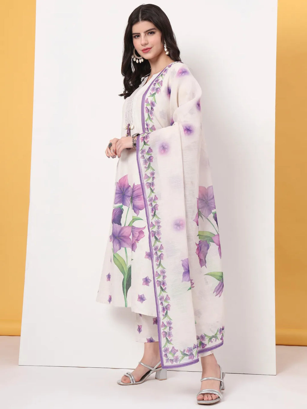 Yufta White Linen Cotton A Line Kurta Dupatta Pant Set | Grocsy