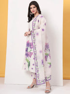 Yufta White Linen Cotton A Line Kurta Dupatta Pant Set | Grocsy