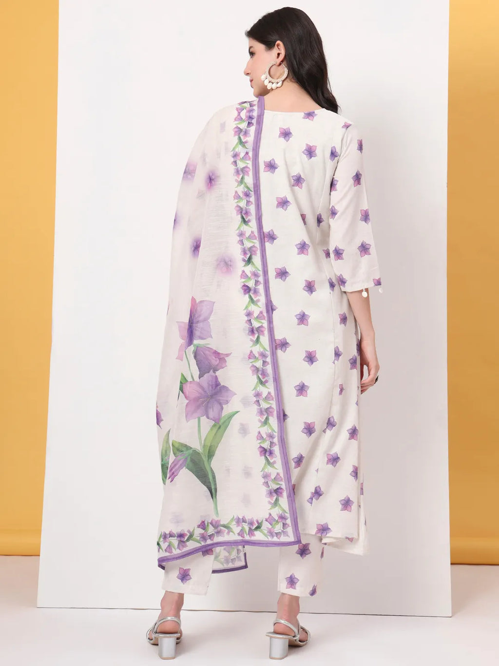 Yufta White Linen Cotton A Line Kurta Dupatta Pant Set | Grocsy