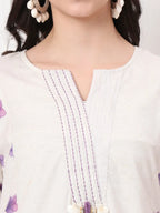 Yufta White Linen Cotton A Line Kurta Dupatta Pant Set | Grocsy