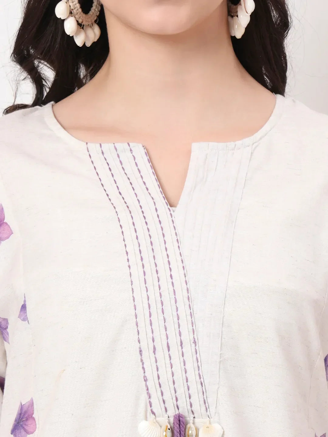 Yufta White Linen Cotton A Line Kurta Dupatta Pant Set | Grocsy