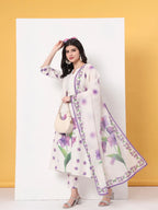Yufta White Linen Cotton A Line Kurta Dupatta Pant Set | Grocsy