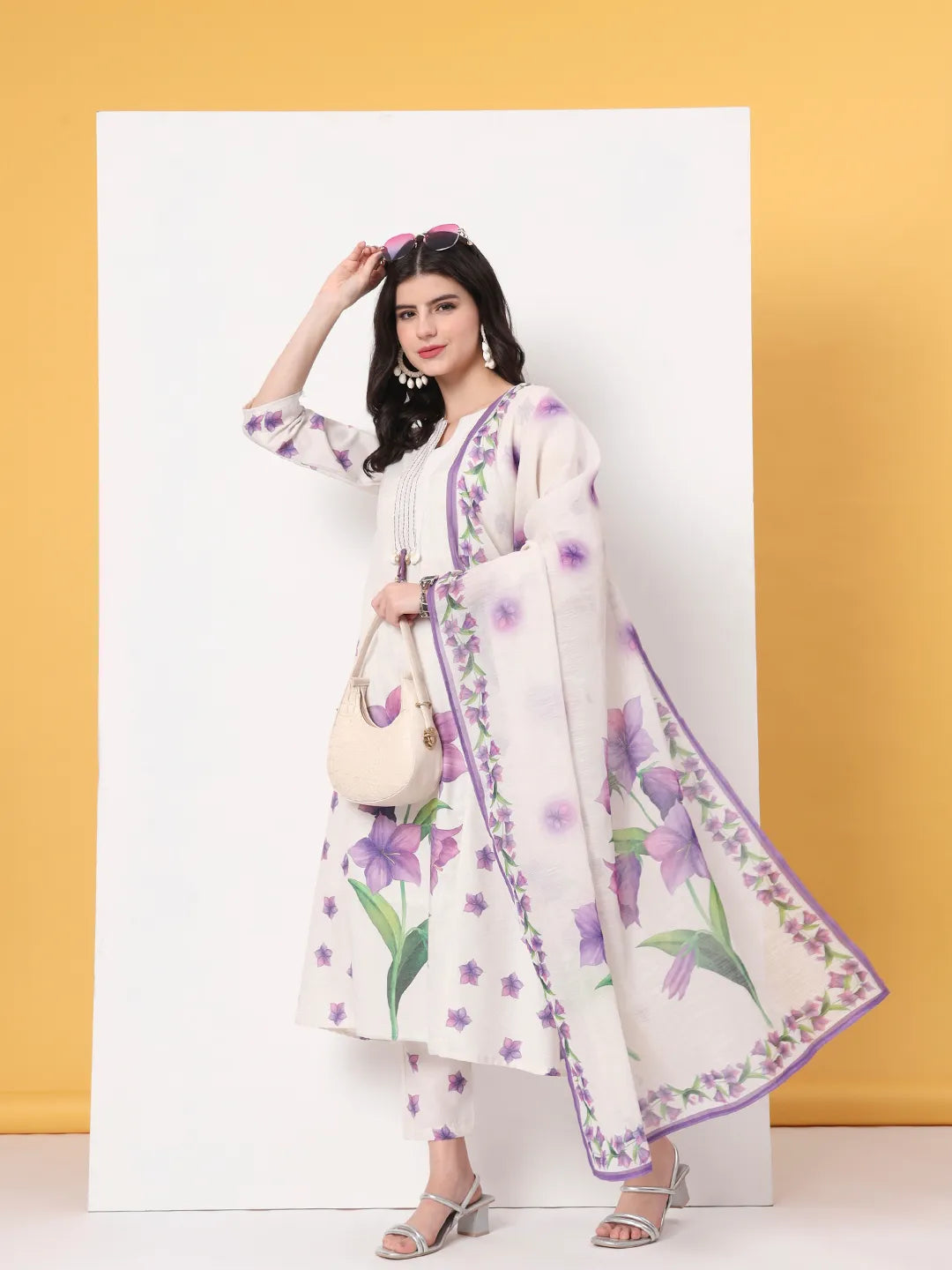 Yufta White Linen Cotton A Line Kurta Dupatta Pant Set | Grocsy